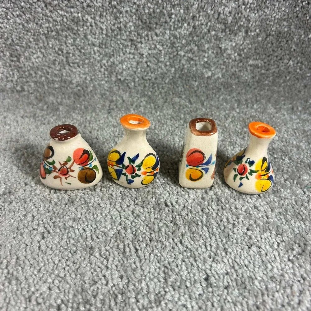 Miniature Pottery Vase Set Multicolor Hand Painted Floral Mexican Folk Art OS